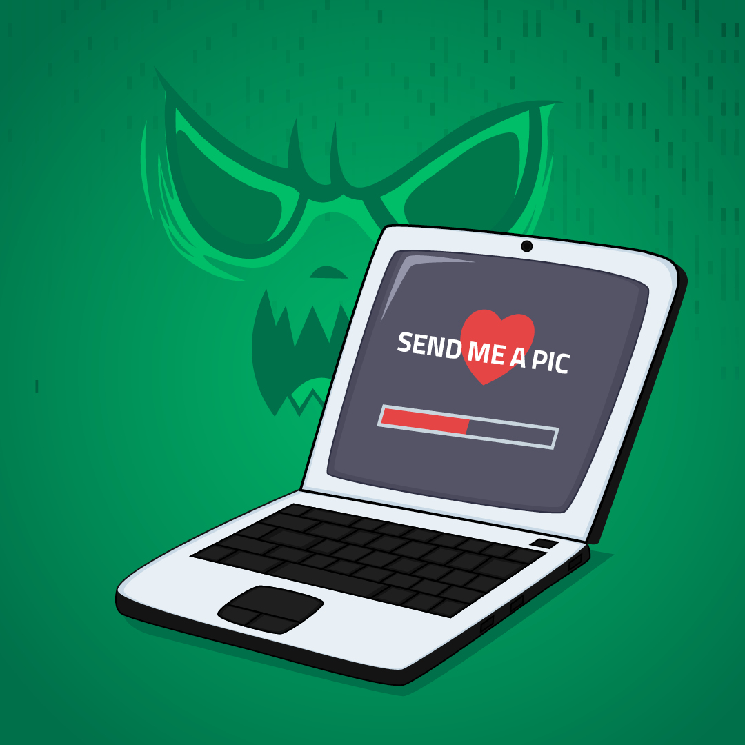 Image of a computer with the text "send me a pic" illustrating how online predator can coerce minors into sending explicit images of themselves or try to gain their trust with false and malicious intentions.